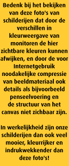 Bedenk bij het bekijken van deze foto's van schilderijen dat door de verschillen in kleurweergave van monitoren de hier zichtbare kleuren kunnen afwijken, en door de voor Internetgebruik noodakelijke compressie van beeldmateriaal ook details als bijvoorbeeld penseelvoering en 