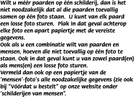 Wilt u m��r paarden op ��n schilderij, dan is het niet noodzakelijk dat al die paarden toevallig samen op ��n foto staan.  U kunt van elk paard een losse foto sturen.  Plak in dat geval achterop elke foto een apart papiertje met de vereiste gegevens.